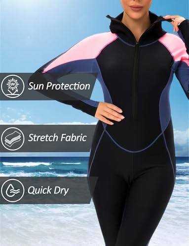 FEOYA Hooded Dive Skin for Women Full Body Scuba Rash Guard One Piece Zip Up Diving Suit Long Sleeve Rashguard4