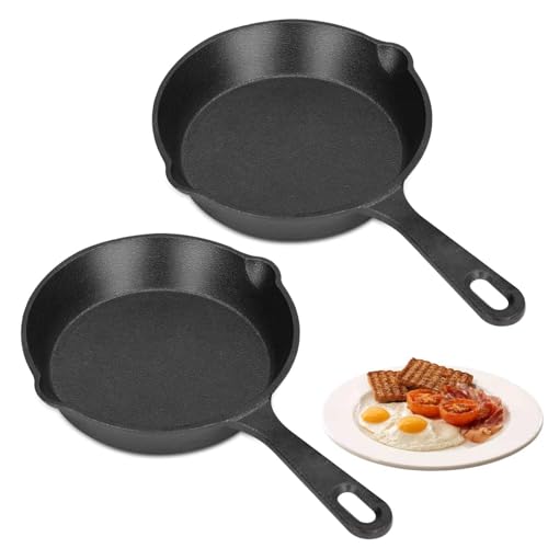 Beufee 2Pcs Mini Non Stick Frying Pans Skillet, 6 Inch Cast Iron Skillet 14cm Diameter Frying Pan 2 Spouts Frying Pan with Handle Grill Pan for Household Kitchen