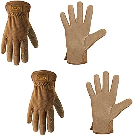 HLDD HANDLANDY Leather Work Gloves for Men & Women, 2 Pairs Cowhide Gardening Gloves Utility Work Gloves for Mechanics, Construction, Driver (S, Brown)