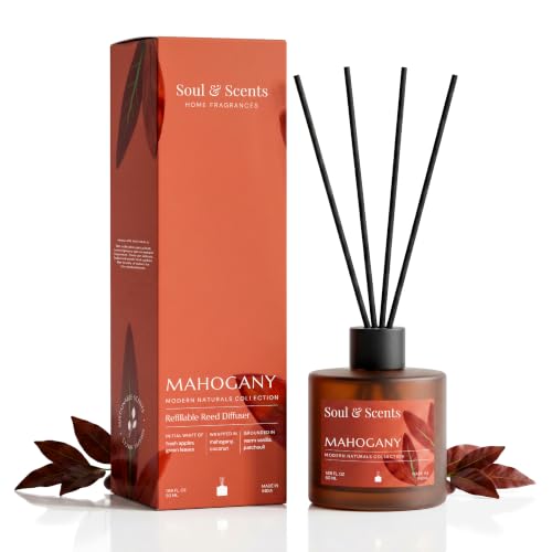 Image of Soul & Scents 50ml Mahogany Reed Diffuser Set | A Rich & Warm Scent of Woods | Get 5 Rattan Reed Sticks | Smoke Less Room Freshener for Home, Bedroom, Living Room & Office