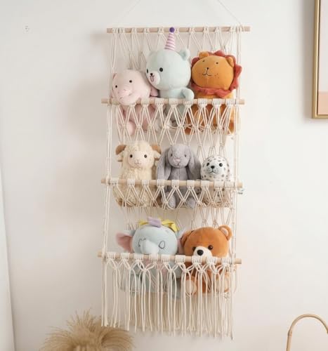 Image of Decazone Macrame Toy Hammock Organizer for Stuffed Animals | Handmade Cotton Rope Storage Net | Boho Wall Hanging Nursery Organizer | Corner Mesh Hammock for Kids Room & Home Decor (3 Tier)