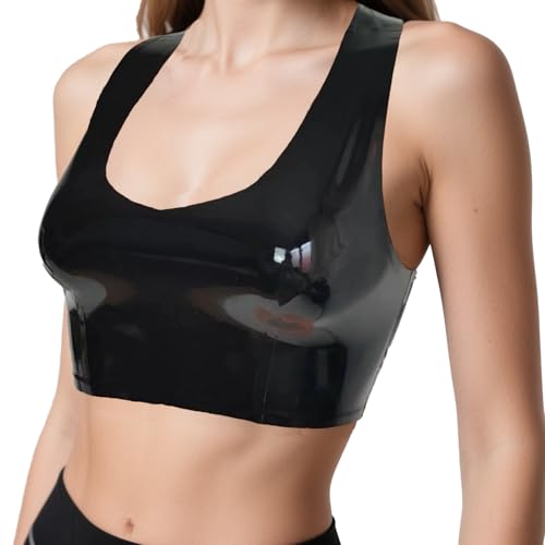 Womens Latex Rubber Vest Tops,Black Female Latex Rave Outfit Clubwear Corset Waistcoat Camisole Crop Top - Main Image
