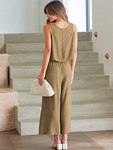 Image of ANRABESS Women's Summer 2 Piece Outfits Sleeveless Tank Crop Button Back Top Cropped Wide Leg Pants Set Pockets