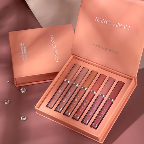 Image of NANCY AJRAM 6Pcs Liquid Matte Nude Lipstick Set - Velvet Waterproof Mini Lipstick Kit for Women, Non-Stick Formula