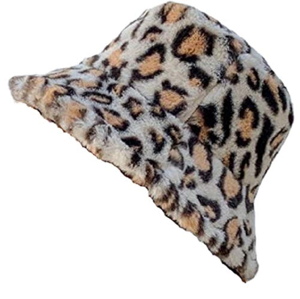 Women's Leopard Print Faux Fur Bucket Hat Fluffy Winter