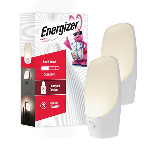 Energizer Manual On/Off LED Night Light Plug-in Push Button Compact Contemporary for Bedroom Livingroom Hallway Bathroom Nursery Basement White 84135 2 Pack