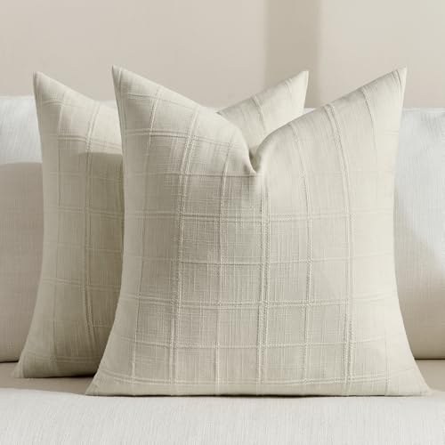 FIBORIA Cream Cotton Cushion Covers 50cm x 50cm Faux Linen Tartan Cushion Cover Washable Boho Pillowcases 20x20 inch for Sofa Spring Outdoor Garden Couch Bedroom Seat Decorations (Set of 2)