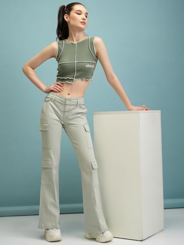 Image of Tokyo Talkies Women's Flared Cargos Trousers | Stretchable Trousers|Mid-Rise