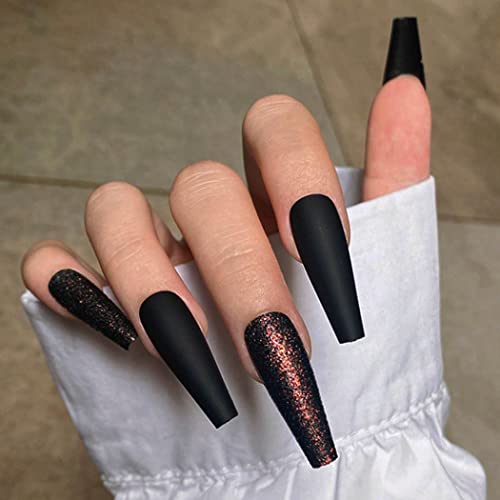 Handcess Künstliche Fingernägel in Form eines Halloween-Sarg, matt, extralang, Ballerina zum Andrücken, Schwarz, Acryl, volle Abdeckung, für Frauen und Mädchen (24 Stück) Cover