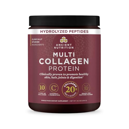 Ancient Nutrition Collagen Peptides Powder, Multi Collagen Protein, Women & Men, Vitamin C, Probiotics, Hydrolyzed Collagen, Supports Skin, Joints, Gut Health, Unflavored (40 Servings)