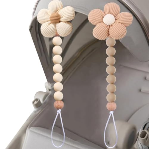 Image of 2pcs Flower Pacifier Clip, Silicone Bead Pacifier Clip for Baby Girls and Boys with Beige Brown Color Daisy Birthday Christmas Gift