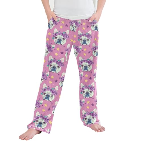Cute Dog Puppy Flowers Long Pajama Pants Elastic Waist PJ Bottoms with Pockets S A113463