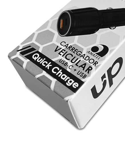 Carregador Veicular - Fonte para Carro com 2 Entradas USB e USB-C - PRETO - UP Electronics