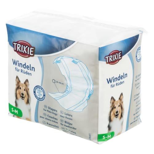 TRIXIE Hundewindeln für Rüden Gr. S–M, 12 St., 30–46 cm Taillenumfang | Saugfähige Rüdenbinde mit Klebeverschluss & Gummiband – zuverlässig bei Inkontinenz & Markierverhalten