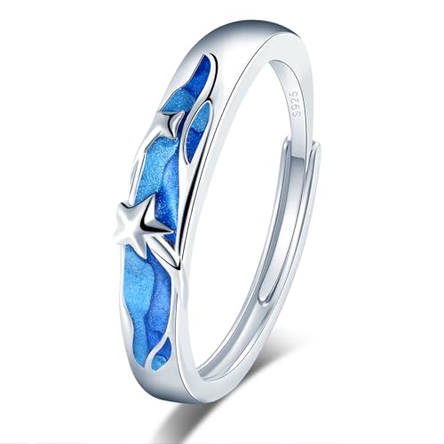 VIKILEE Damen Ringe S925 Sterling Silber Ringe mit Sternen und blauen Meer Wellen Inlay Einstellbare Größe Geschenk für Freundin Jahrestag Hochzeit Ringe
