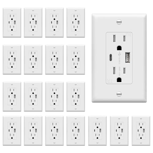 TOPGREENER USB Outlet, Type C & Type A USB Wall Outlet, 15 Amp TR Receptacle Plug, Charging Power Outlet with USB Ports, Wall Plate Included, UL Listed, TU21536AC-WWP-20PCS, White, 20 Pack