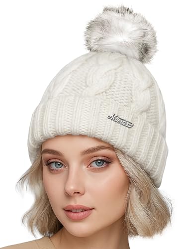 Neverless® Damen Strickmütze mit Fleecefutter und Kunstfell Bommel Zopfmuster Grobstrick Wintermütze Bommelmütze Model 2207 Creme Unisize