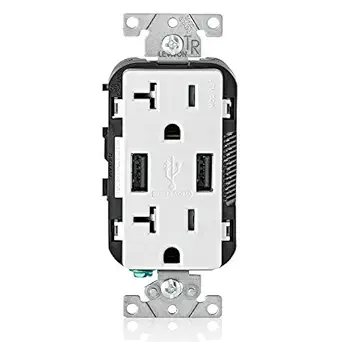 Leviton T5832-W Type-A USB In-Wall Charger with 20A Tamper-Resistant Outlet, USB Charger for Smartphones, White