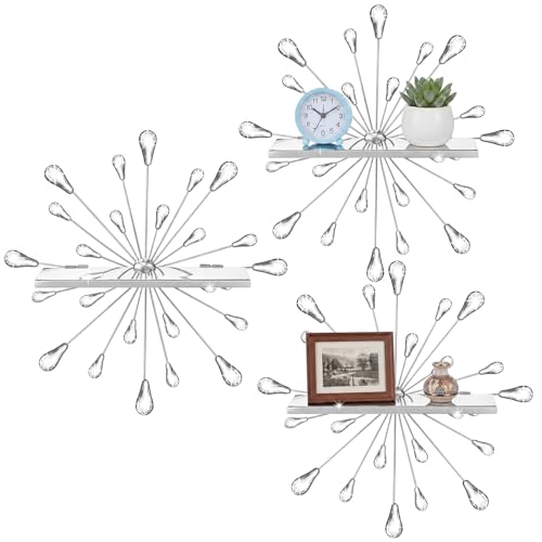 Image of Yaocom Set of 3 Crystal Floating Wall Shelves, Silver Teardrop Metal Wall Mount Storage Shelf, Decorative Floating Display Rack for Bedroom Living Room Kitchen Office Home Decor