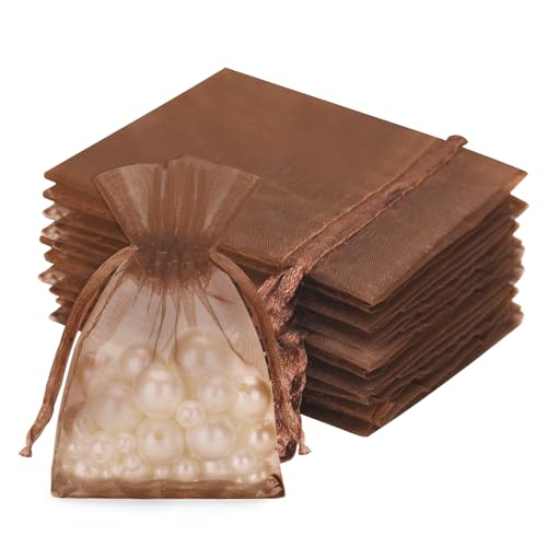 jijAcraft Lot de 50 petits sachets en organza marron foncé 7 x 9 cm - Sachets en organza avec cordon de serrage pour cadeau - Sachets en tulle à remplir pour grains de café, pralines à la truffe