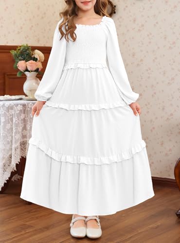 HOSIKA Girls Fall Long Sleeve Swiss Dot Smocked A-Line Ruffle Tiered Flowy Maxi Dress with Pockets 6-12 Years4