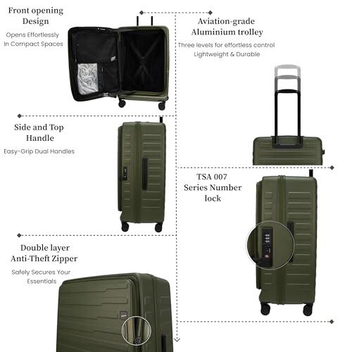 Image of F Gear Sedona Medium 65cm German Polycarbonate Hard Luggage|8 Japanese Hinomoto Silent Wheels |Expandable Check-in Front Opening Suitcase for Travel| Anti-Theft Zipper, TSA 007 Lock (Army Green)