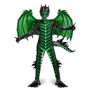 Spooktacular Creations Kinder Drachen Kostüm, grüner dunkler Drachen-Jumpsuit, Jungen Drachenflügel, Schwanz und Masken-Set für Halloween Dress Up-L