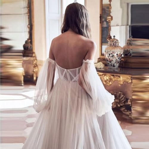 Image of Long Sleeve Tulle Wedding Dress for Bride Puffy Sleeve Prom Dress Ball Gown Formal Evening Gowns with Slit