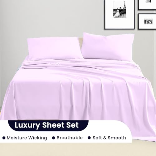 Image of SGI bedding California King Bed Sheets Set - Premium 600 TC Egyptian Cotton, Crisp & Cooling Sateen Weave, Extra Soft Hotel Collection, Fits Mattresses Up to 16 Inch Deep, Long Lasting - Lilac