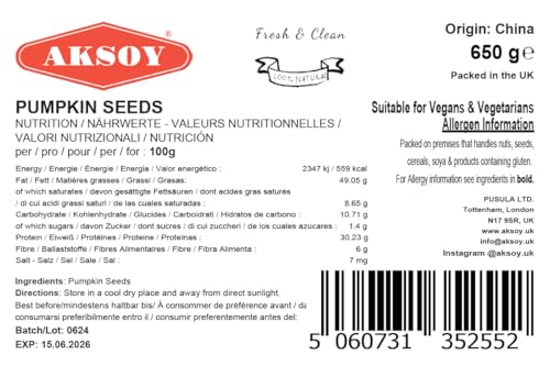 Aksoy Pumpkin Seeds 650Gr | Premium Quality, GMO-Free & Vegan – High in Protein & Fiber, Perfect for Snacking, Baking, Salads, Healthy Recipes & More Ideas