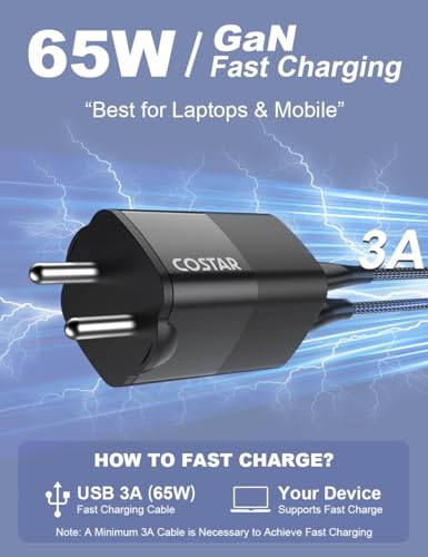 Image of Costar 65W GaN Dual Port Fast Charger QC /PD, 2 in 1 USB & Type C Fast Charger Adapter for Laptop, Lenovo, HP, Asus, Dell, MacBook, iPhone Series, Samsung Galaxy /Note, and Android Devices, Black