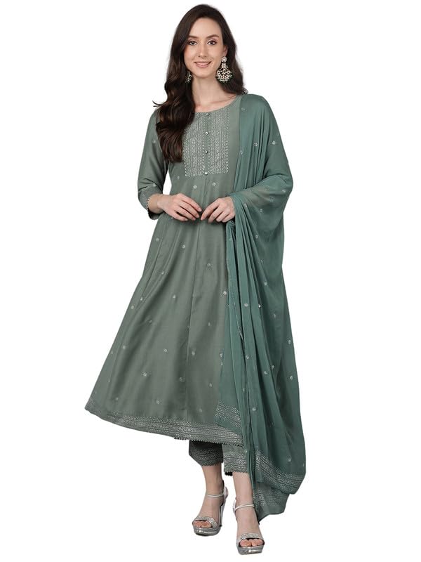 Image of Vaamsi Women's Silk Blend Solid Anarkali Kurta Pant With Dupatta