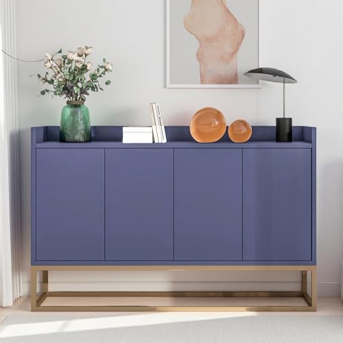 Aparador moderno, mueble bajo con 4 puertas, mueble de cocina con estante ajustable en posición y patas de metal de color dorado, sala de estar, aparador minimalista para salón (azul)