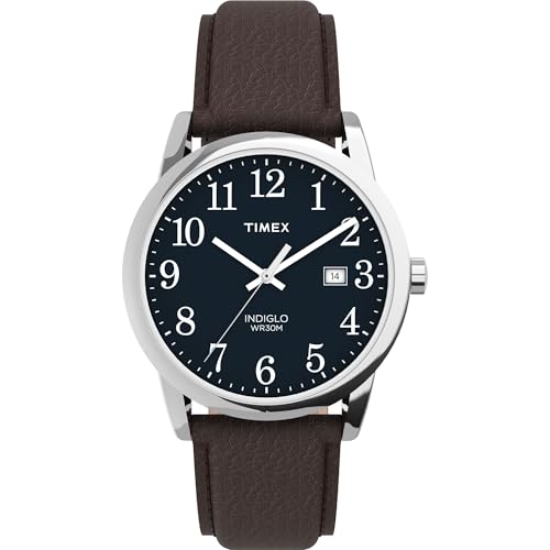 Timex Men's Easy Reader 38mm Watch – Silver-Tone Case Blue Dial with Brown Leather Strap