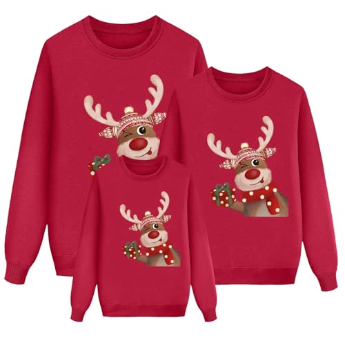 Jersey Navideño Familia Lindo Estampado de Ciervos Cálido Redondo Cuello Pullover Camisola Natal de Punto de Navidad Elástica Parejas Sweater Holgado y Cómodo Jerséis