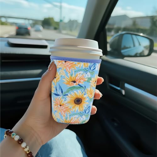 Image of Reusable Insulated Sleeve for Iced Coffee Cup, Coffee Neoprene Sleeve for Cold & Hot Drinks, Beverage Holder for Iced Coffee (Sunflower Smile, Small: 16-18oz)