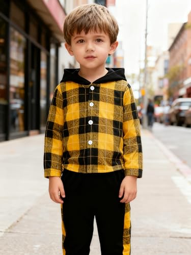 Image of OLMRJKD Toddler Baby Boy Clothes Plaid Long Sleeve Hoodie Sweatshirt + Pants 2pcs Boys Outfit Set