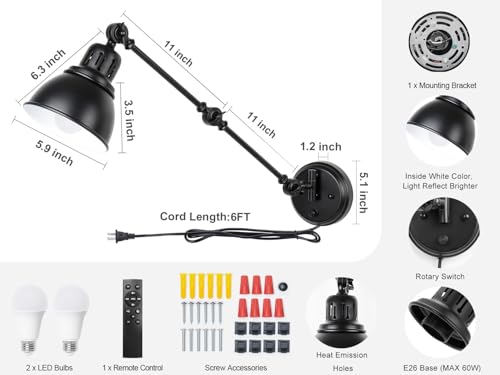 Image of GOODATE 2 Pack Plug in Wall Sconces with Remote, Dimmable, Adjustable Colors, Swing Arm Wall Lamps, Wall Sconces Set of Two with Timer & Night Light, Plug-in or Hardwired (Black, with Bulbs+Remote)