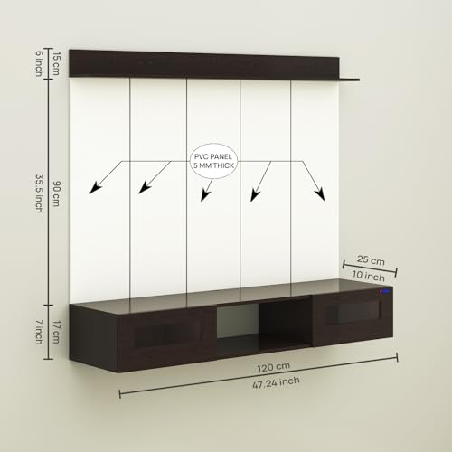Image of Anikaa Orilo Wall Mounted PVC Back Panel TV Unit with Spot & Blue Ambient LED Light - Acrylic Storage Box, Display Shelf & Soft-Close Hinges | Ideal for UP to 50 Inch TV (Wenge - DIY Installation)