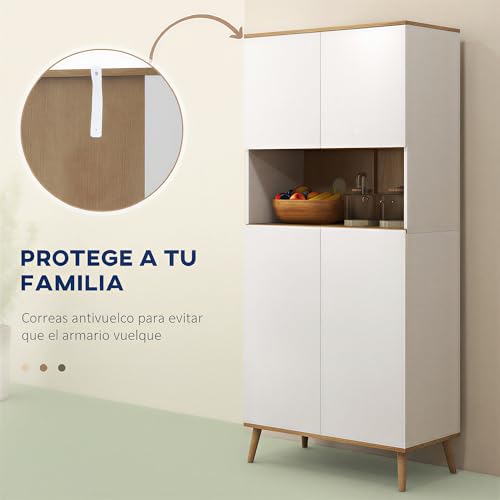 HOMCOM Alacena de Cocina Mueble Auxiliar de Cocina con 4 Puertas y Encimera para Microondas, Estantes Regulables, Orificio para Cable, Patas de Madera, Estilo Moderno, 80x40x178 cm Blanco - imagen 6