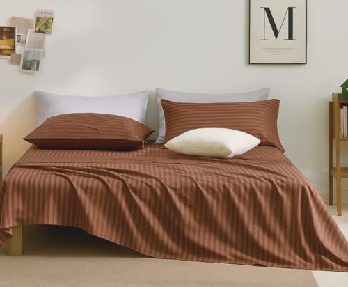 Image of Sofrito Bed Sheet Glace Cotton Striped - 300 TC - King (100 inchx108 inch) - with 2 Pillow Cover | Ideal for Hospitals, Clinics, Hostels, PGs, Hotels & Guest Houses | Brown
