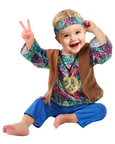 Funidelia Disfraz de Hippie para bebé, Años 60, Incluye pantalón, camiseta con collar y cinta para el pelo - Traje para bebé para fiestas, Carnaval y Halloween, Talla 6-12 meses