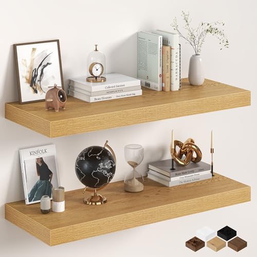 Image of 36Inch Oak Floating Shelves for Wall, 12 Inch Deep Shelves for Bedroom, Kitchen, Bathroom Wall Mounted, Rustic Wood Floating Shelf with Invisible Brackets for Books, Storage, Decor, 2 Packs