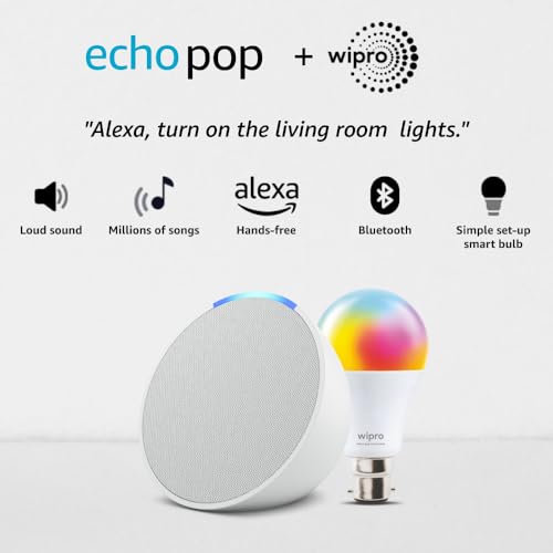 Image of Amazon Echo Pop (White) Smart Home Speaker Combo with Wipro 12W Simple Setup Smart Bulb | with Bluetooth and Alexa