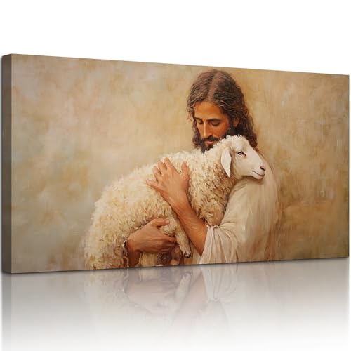 SERIMINO Jesus and Lamb Large Wall Art, Christian Art Wall Decor for Serenity Prayer, Bible Parable of the Lost Sheep Religious Art Prints, The Good Shepherd Pictures for Living Room Bedroom 24"X48"