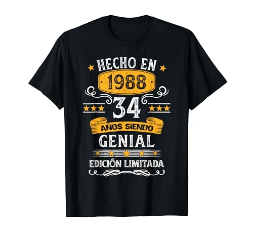 34 Años Cumpleaños Regalo Para Hombre Mujer Hecho En 1988 Camiseta