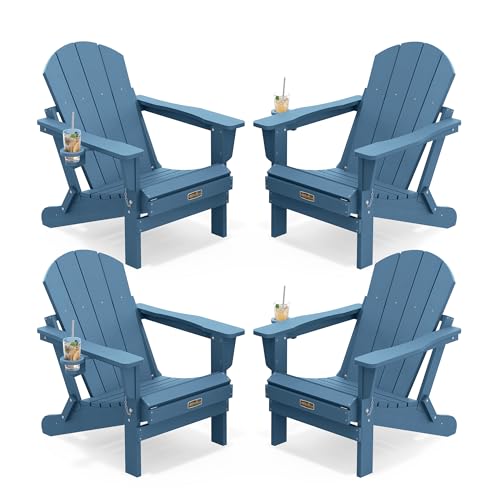SERWALL Folding Adirondack Chair with Cup Holder Set of 4, Weather Resistant HIPS Patio Chairs, Wooden Textured, Fire Pit Chairs for Garden Outdoors Fire Pit - Blue
