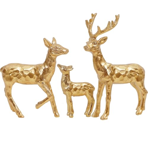 Lulu Home 3 PCS Christmas Tabletop Decorations, Resin Golden Reindeer Family Figurines with Diverse Postures, Xmas Holiday Winter Centerpieces Ornaments for Mantel Shelf Sill Decor(Family)
