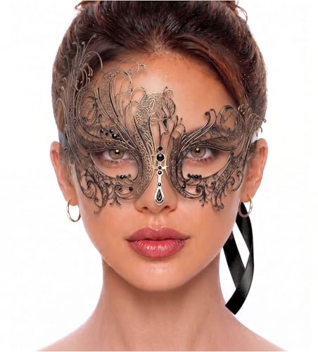 Image of Metal Filigree Masquerade Mask for Women - Swan Style Mask with Rhinestones for Mardi Gras, Prom, Halloween & Venetian Party