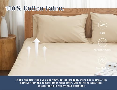 Pillow Cases, Standard Queen Size Cotton Percale Weave Pillowcases, Pre-Shrunk Breathable and Hypoallergenic Pillowcases, Set of 2 (2 Piece Standard/Queen 20 Inch x 30 Inch, Sandshell)
